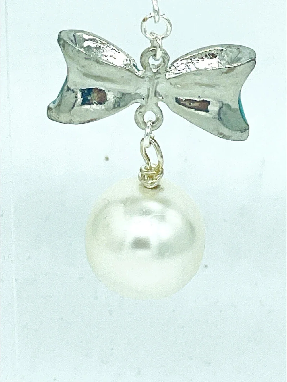 Enamel Blue Bow Large Pearl Drop Earrings Handmade French Hooks Silvertone 15mm